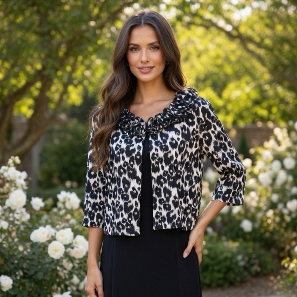 True‎ Envy Women 12 Black Maxi Dress Leopard Print Ruffle Jacket 2 Piece Set